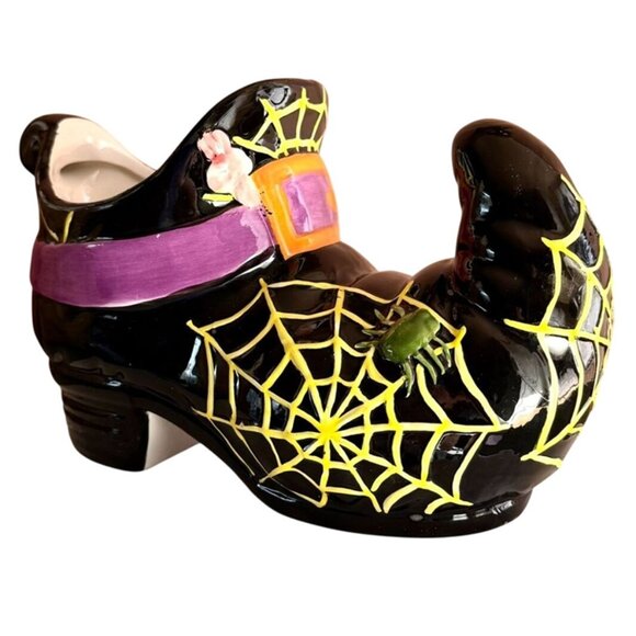 Ceramic Witch Shoe Halloween Candy Dish Planter Candle Holder Spiderwebs - Picture 1 of 14